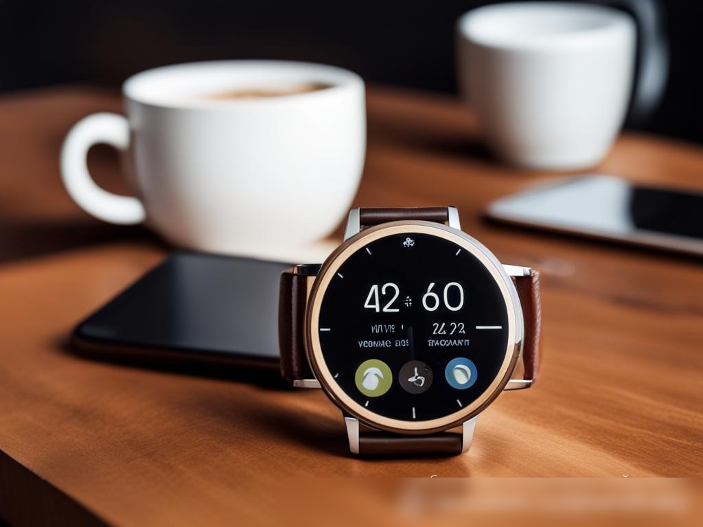 Стильные унисекс-часы на деревянном столе, с чашкой кофе и смартфоном в фоне - Пример 4