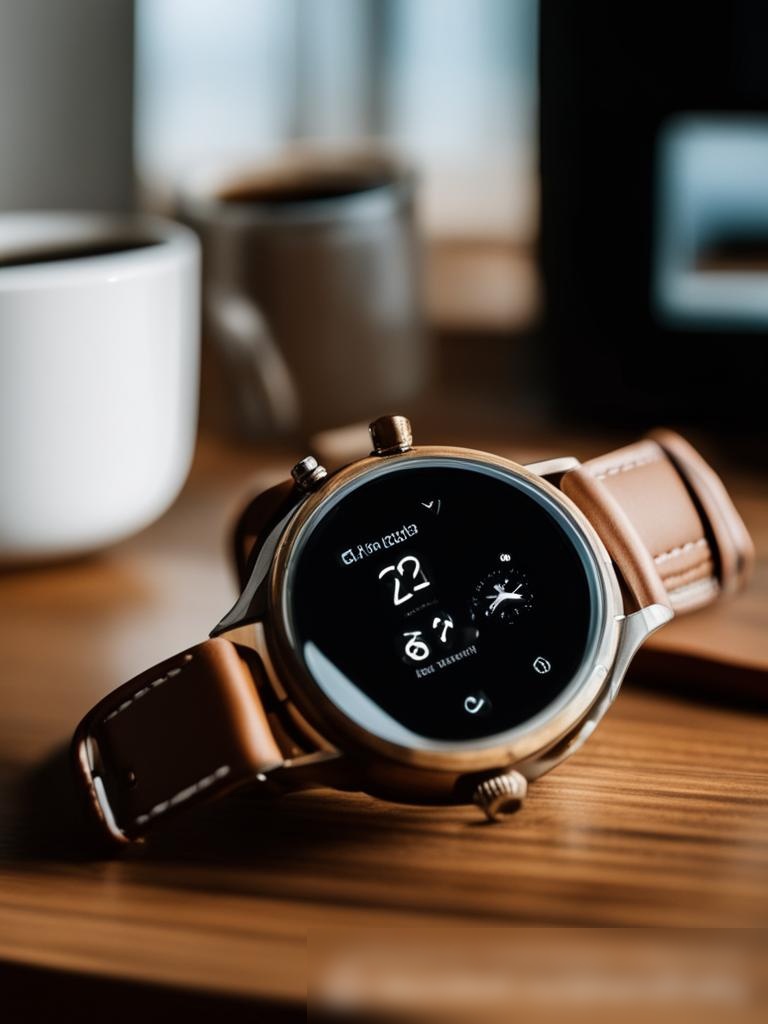 Стильные унисекс-часы на деревянном столе, с чашкой кофе и смартфоном в фоне - Пример 5