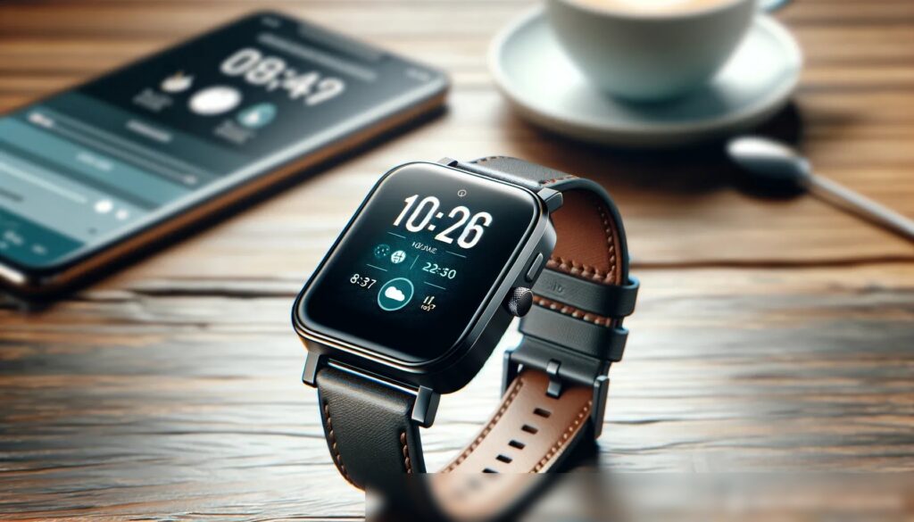 Стильные унисекс-часы на деревянном столе, с чашкой кофе и смартфоном в фоне - Пример 1