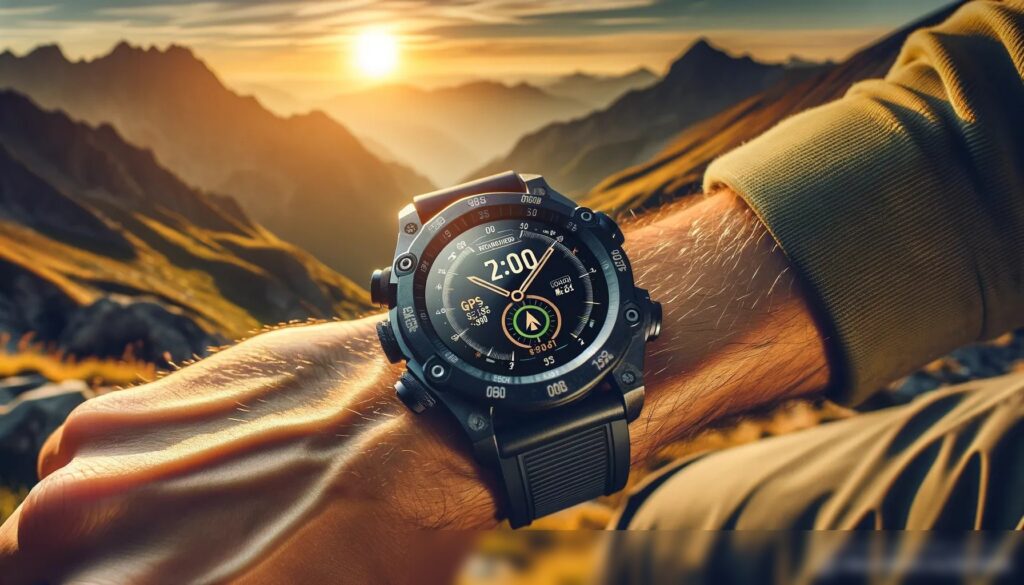 Прочные наружные часы на запястье альпиниста с видом на горный пейзаж на рассвете - Пример 2