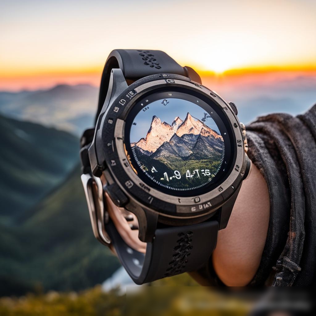 Прочные наружные часы на запястье альпиниста с видом на горный пейзаж на рассвете - Пример 3