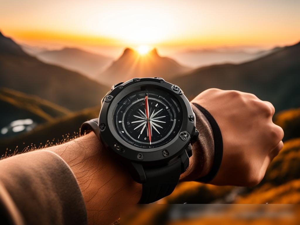 Прочные наружные часы на запястье альпиниста с видом на горный пейзаж на рассвете - Пример 4