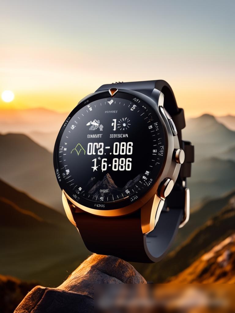 Прочные наружные часы на запястье альпиниста с видом на горный пейзаж на рассвете - Пример 5