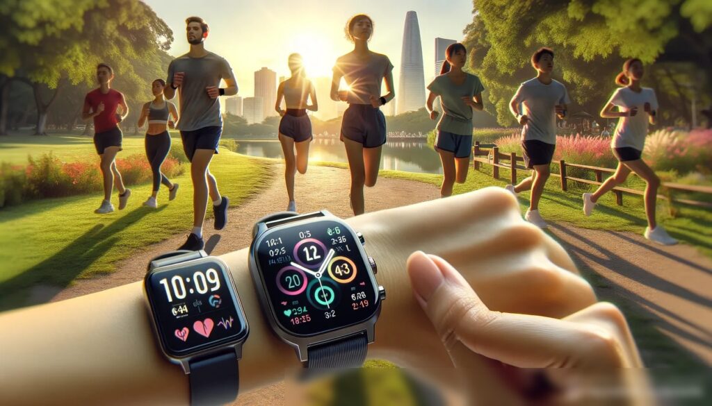 Изображение разнообразной группы людей, бегущих утром в парке, каждый из которых носит умные часы разного стиля - Пример 2