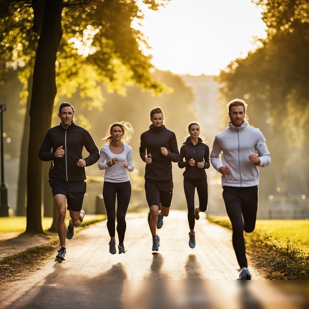 Изображение разнообразной группы людей, бегущих утром в парке, каждый из которых носит умные часы разного стиля - Пример 3