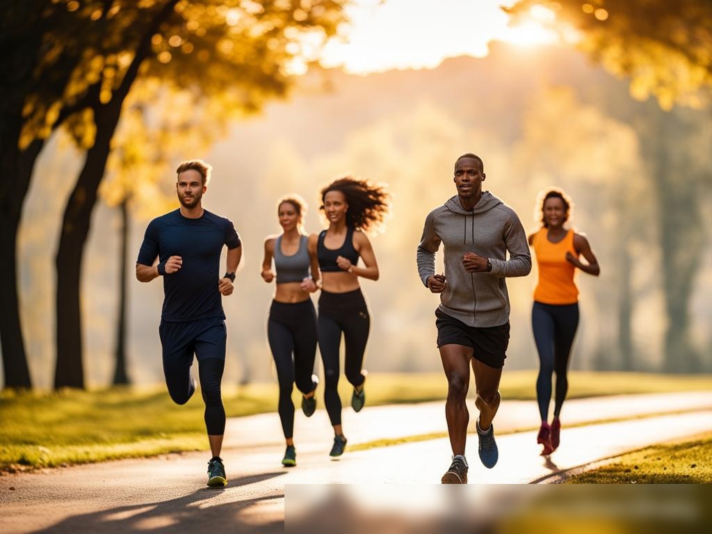 Изображение разнообразной группы людей, бегущих утром в парке, каждый из которых носит умные часы разного стиля - Пример 4
