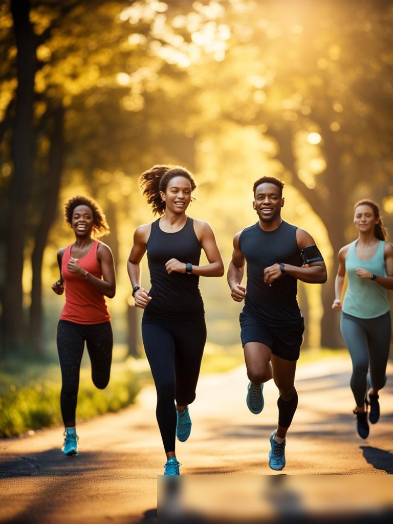 Изображение разнообразной группы людей, бегущих утром в парке, каждый из которых носит умные часы разного стиля - Пример 5