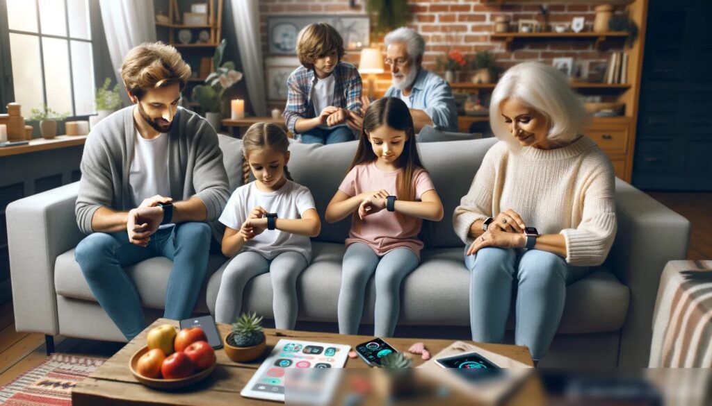 Изображение семьи в домашней обстановке, где каждый член семьи занят своими умными часами - Пример 2