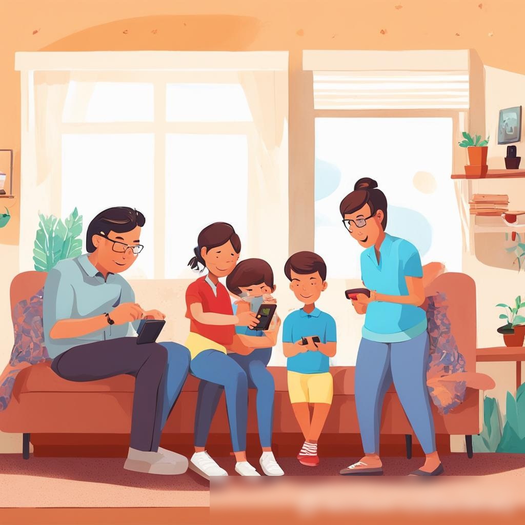 Изображение семьи в домашней обстановке, где каждый член семьи занят своими умными часами - Пример 3