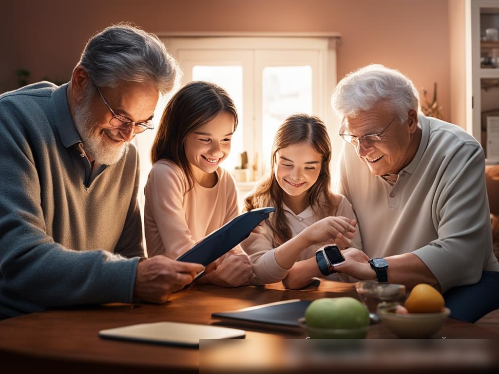 Изображение семьи в домашней обстановке, где каждый член семьи занят своими умными часами - Пример 4