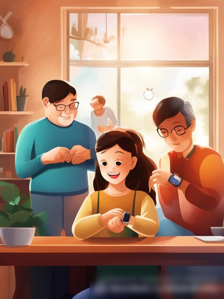 Изображение семьи в домашней обстановке, где каждый член семьи занят своими умными часами - Пример 5