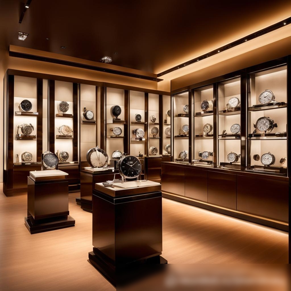 Изображение интерьера роскошного салона часов с широкой элегантной витриной, где представлены высококлассные часы - Пример 3