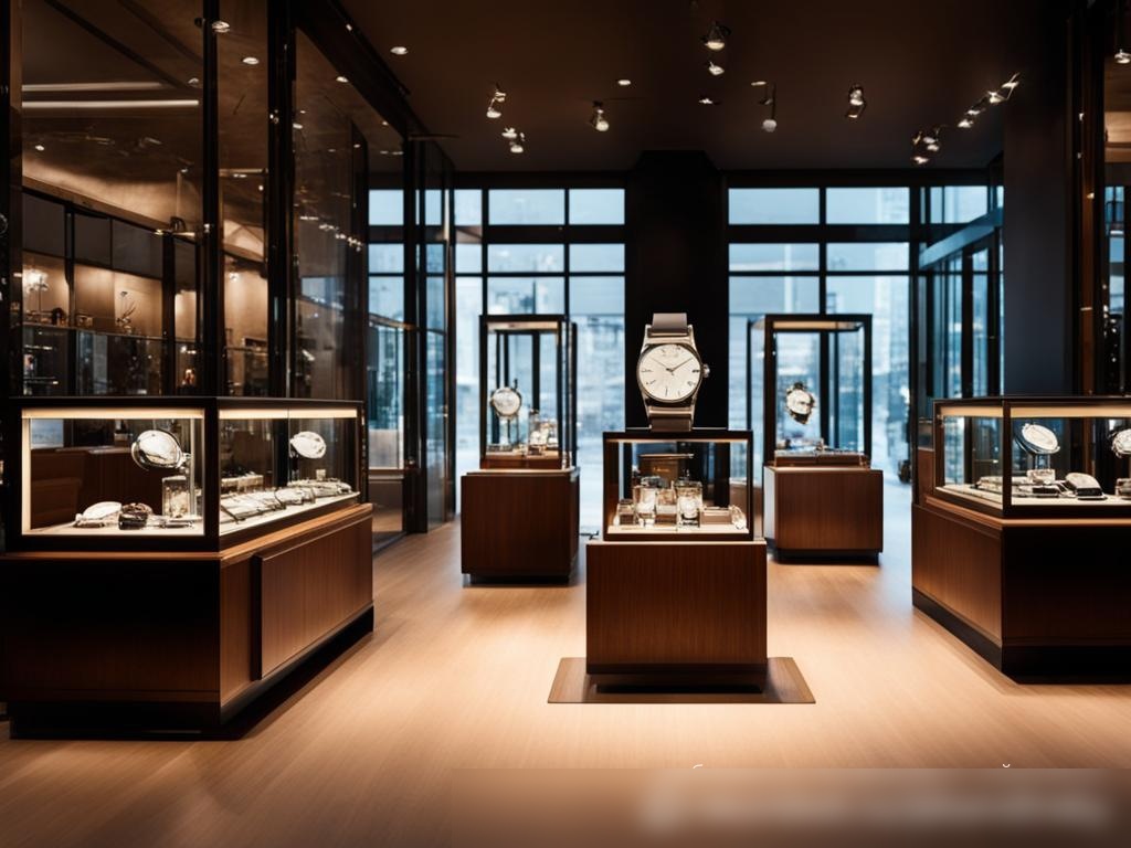 Изображение интерьера роскошного салона часов с широкой элегантной витриной, где представлены высококлассные часы - Пример 4