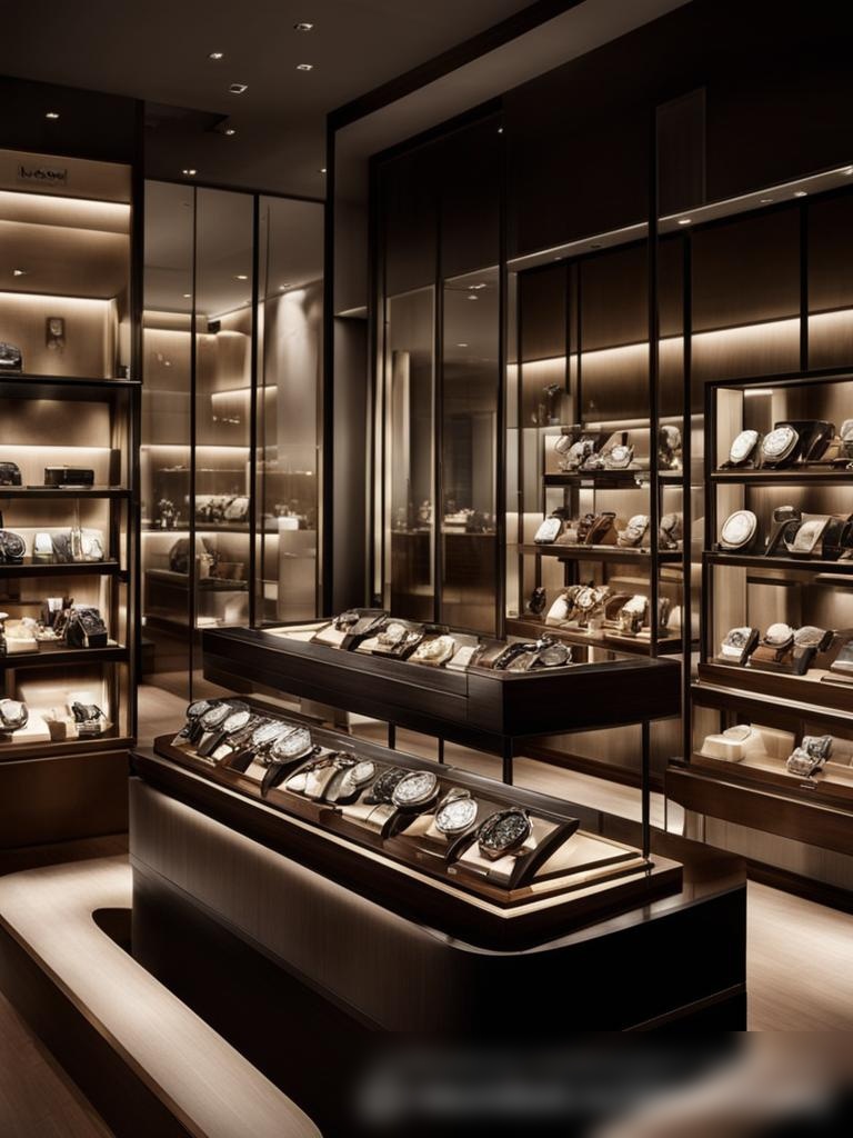 Изображение интерьера роскошного салона часов с широкой элегантной витриной, где представлены высококлассные часы - Пример 5