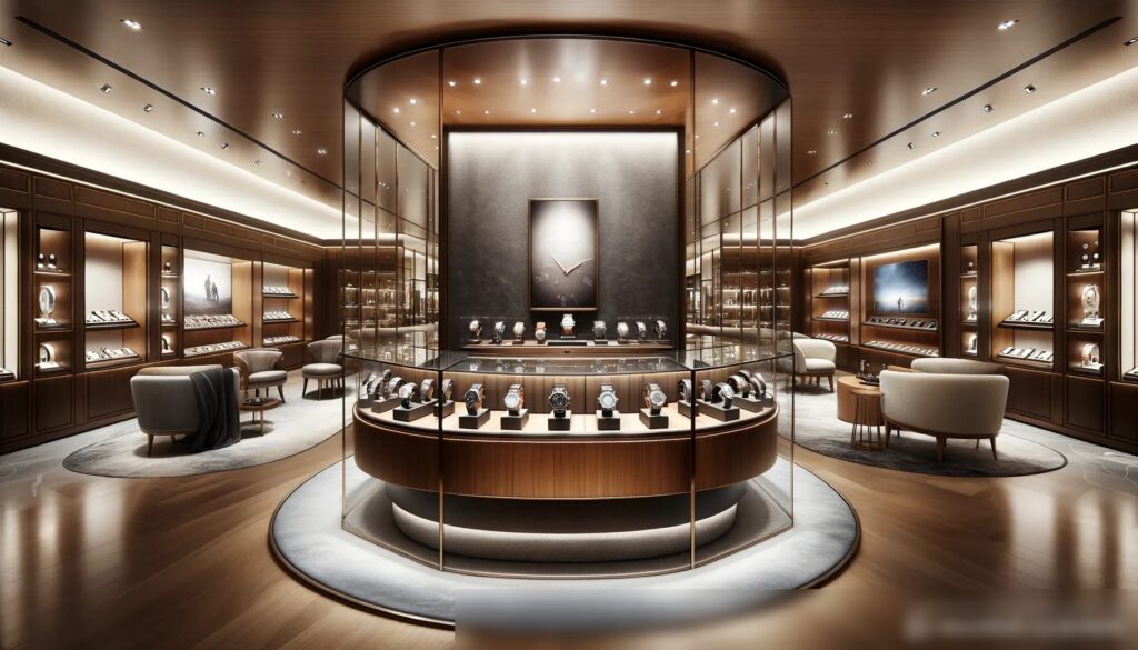Изображение интерьера роскошного салона часов с широкой элегантной витриной, где представлены высококлассные часы - Пример 1