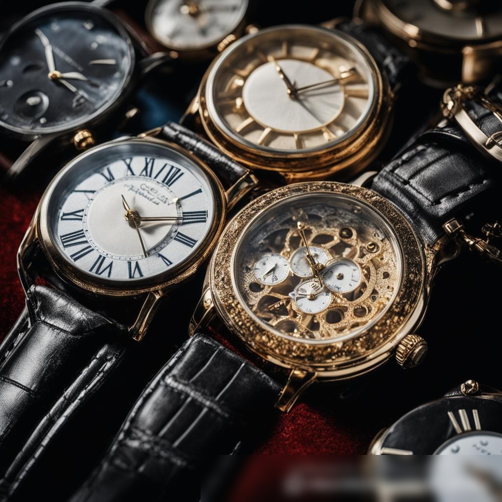 Крупный план разнообразной коллекции изысканных часов, лежащих на бархатной поверхности - Пример 3