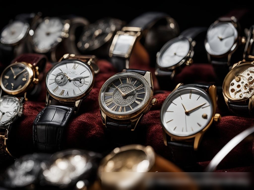 Крупный план разнообразной коллекции изысканных часов, лежащих на бархатной поверхности - Пример 4