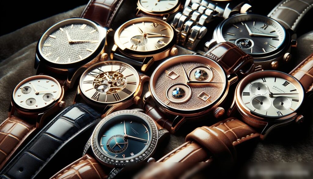 Крупный план разнообразной коллекции изысканных часов, лежащих на бархатной поверхности - Пример 1