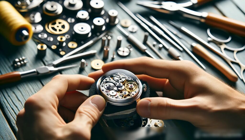 Изображение рук опытного часовщика, который аккуратно собирает высокоточные механические часы - Пример 1