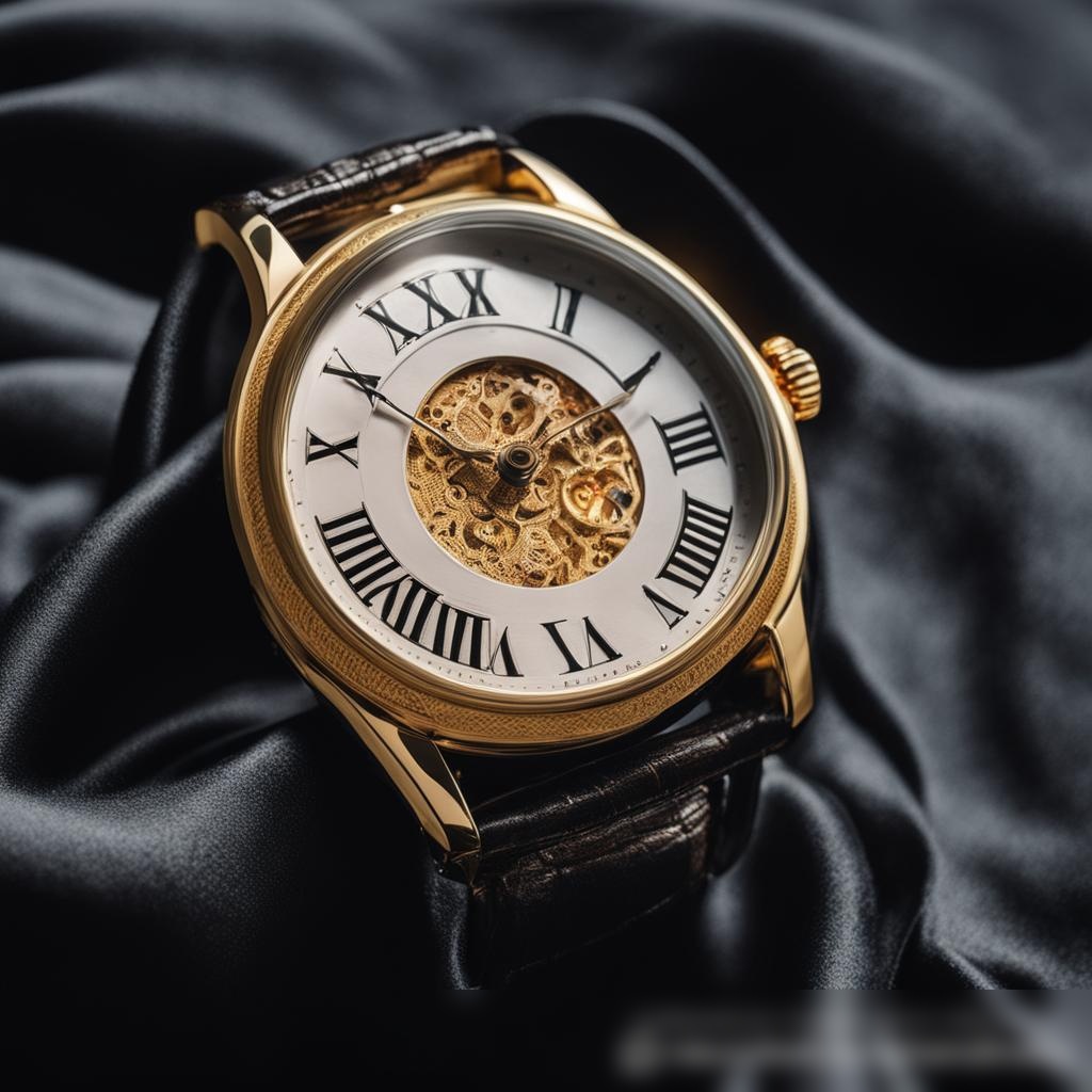 Роскошные золотые часы с тонкой черной шелковой тканью на темно-бархатном фоне - Пример 3