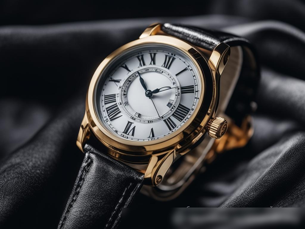 Роскошные золотые часы с тонкой черной шелковой тканью на темно-бархатном фоне - Пример 4