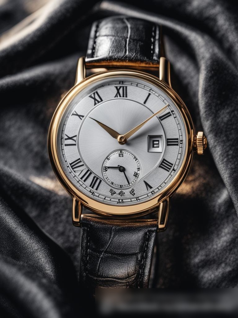 Роскошные золотые часы с тонкой черной шелковой тканью на темно-бархатном фоне - Пример 5