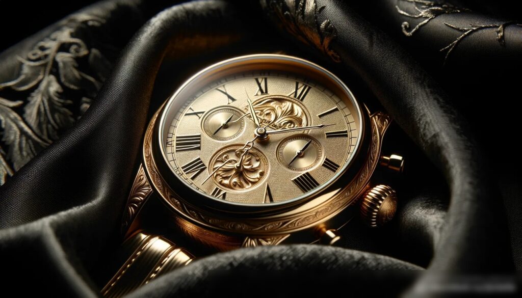 Роскошные золотые часы с тонкой черной шелковой тканью на темно-бархатном фоне - Пример 1