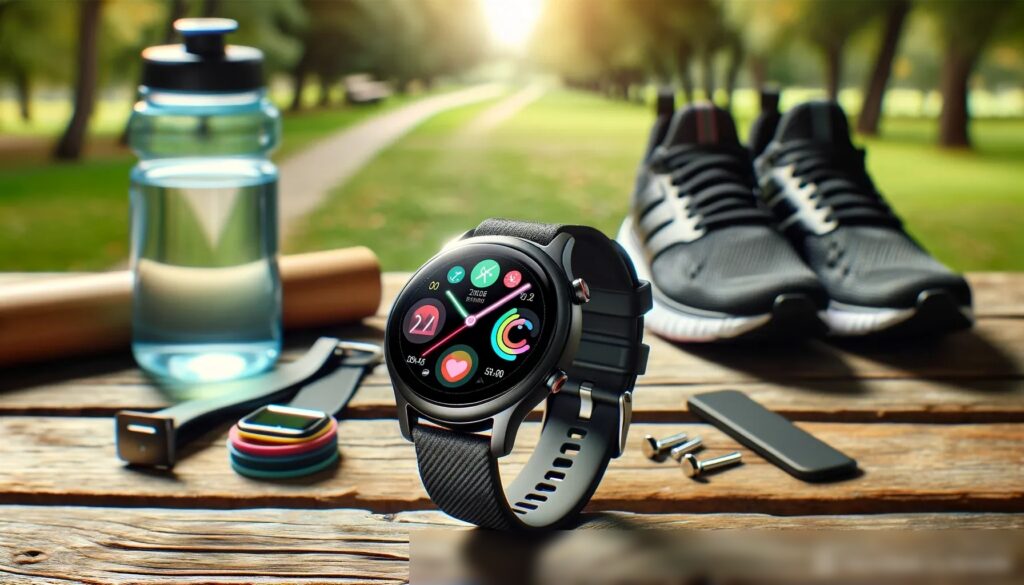 Современные умные часы на деревянном столе рядом с кроссовками и бутылкой воды, на фоне размытого парка - Пример 2