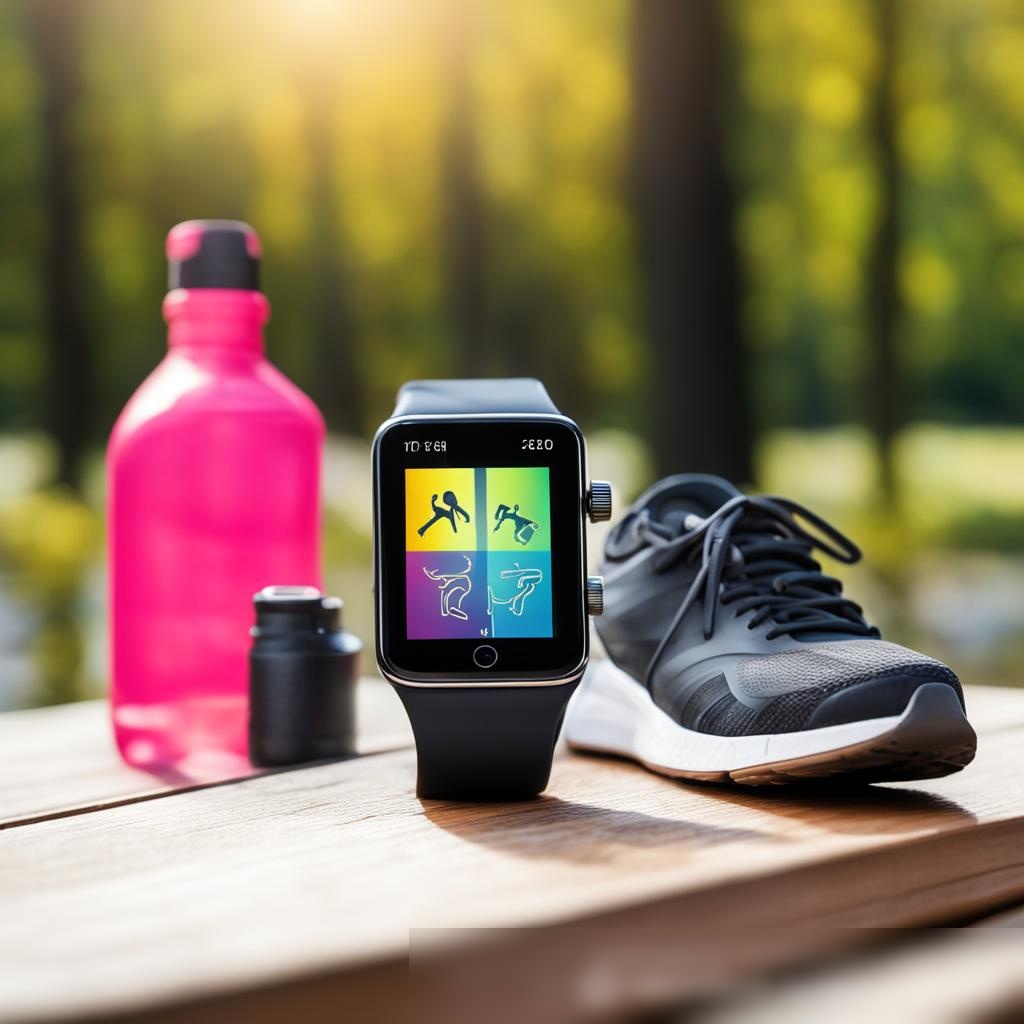 Современные умные часы на деревянном столе рядом с кроссовками и бутылкой воды, на фоне размытого парка - Пример 3