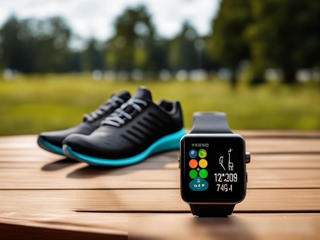 Современные умные часы на деревянном столе рядом с кроссовками и бутылкой воды, на фоне размытого парка - Пример 4