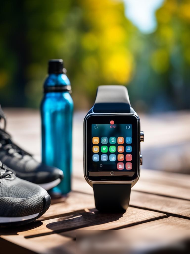 Современные умные часы на деревянном столе рядом с кроссовками и бутылкой воды, на фоне размытого парка - Пример 5