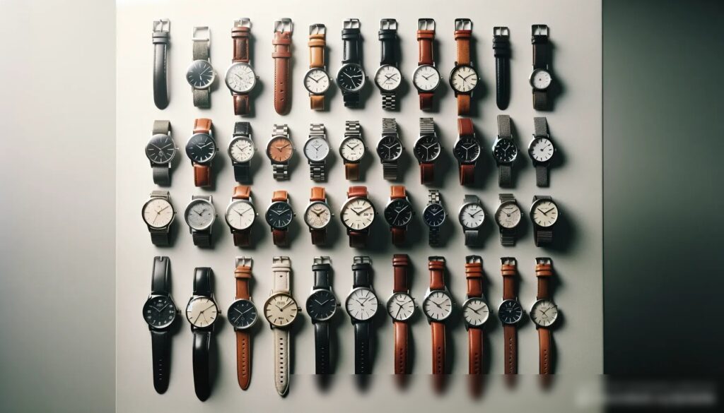 Коллекция разнообразных наручных часов, аккуратно расположенных на минималистичной белой поверхности - Пример 2