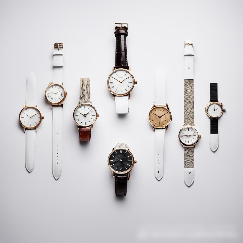 Коллекция разнообразных наручных часов, аккуратно расположенных на минималистичной белой поверхности - Пример 3