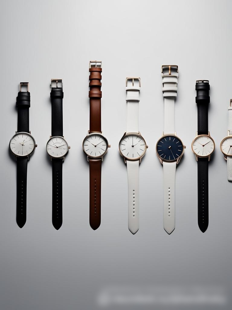 Коллекция разнообразных наручных часов, аккуратно расположенных на минималистичной белой поверхности - Пример 5