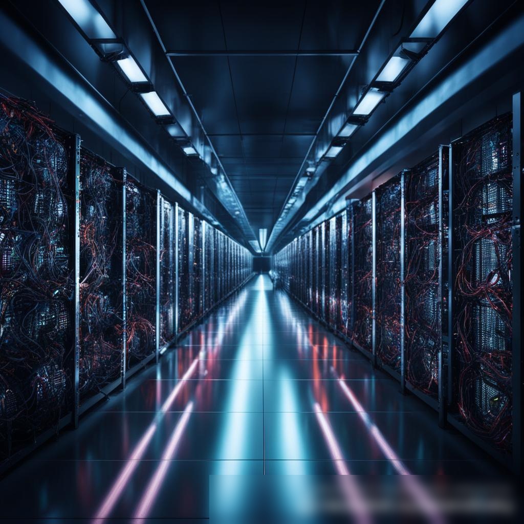 Фотореалистичное изображение современного и хорошо освещенного центра обработки данных с рядами передовых устройств для майнинга криптовалюты - Пример 3