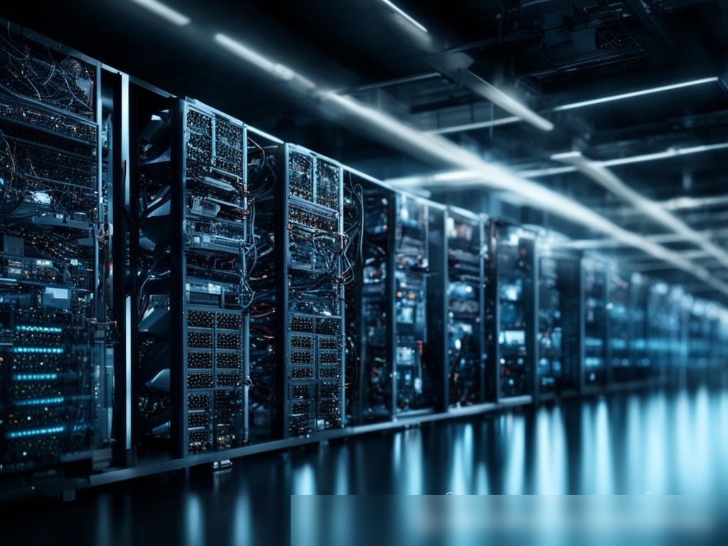 Фотореалистичное изображение современного и хорошо освещенного центра обработки данных с рядами передовых устройств для майнинга криптовалюты - Пример 4