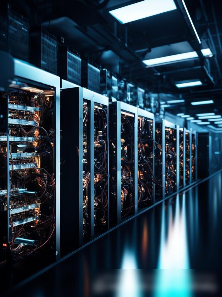 Фотореалистичное изображение современного и хорошо освещенного центра обработки данных с рядами передовых устройств для майнинга криптовалюты - Пример 5