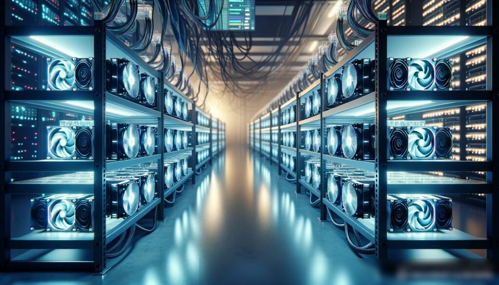 Фотореалистичное изображение современного и хорошо освещенного центра обработки данных с рядами передовых устройств для майнинга криптовалюты - Пример 1