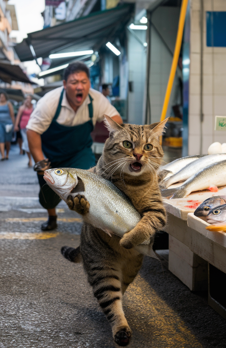 Промпт кот украл рыбу и убегает с ней - Пример 1