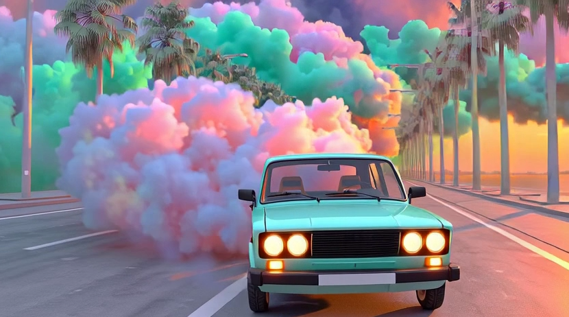 Промпт-видео для генерации: ВАЗ 2106 в неоновом дыму - Пример 1