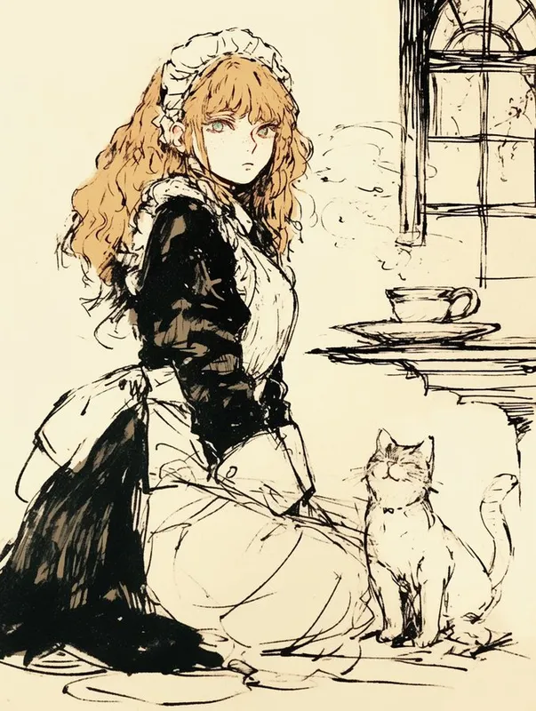 Vintage Sketch of Maid and Cat - Пример 2
