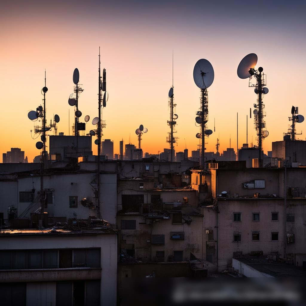 Панорамный вид на современный городской пейзаж в сумерках с различными антеннами на крышах - Пример 3