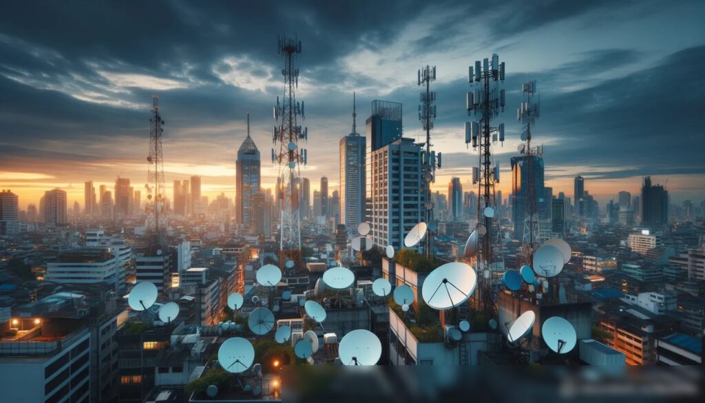 Панорамный вид на современный городской пейзаж в сумерках с различными антеннами на крышах - Пример 1