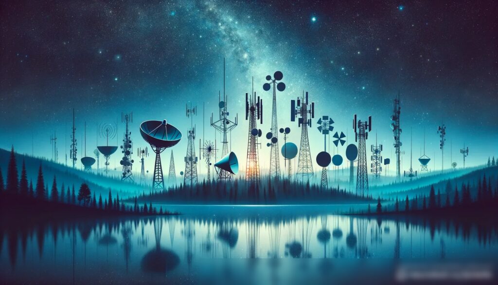 Художественное изображение различных антенн в сюрреалистическом ландшафте - Пример 1
