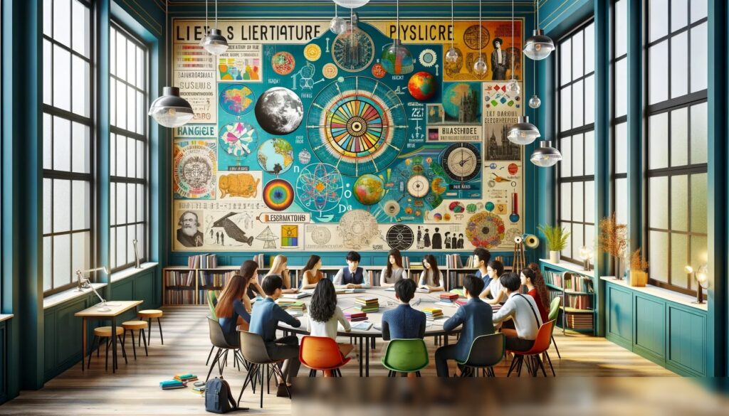 Современный, яркий класс с цветными образовательными плакатами на стенах и столом посередине, вокруг которого собрана разнообразная группа студентов с учебниками - Пример 2