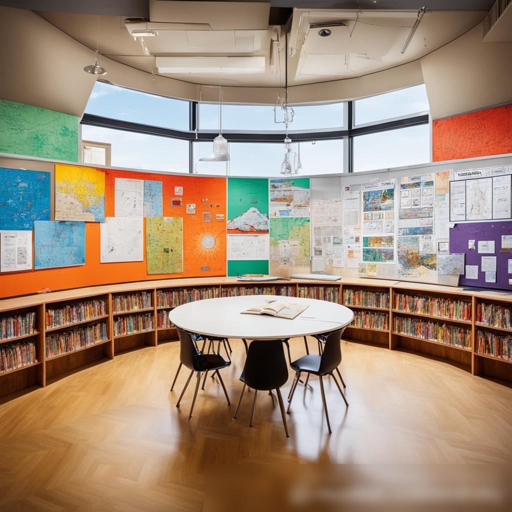 Современный, яркий класс с цветными образовательными плакатами на стенах и столом посередине, вокруг которого собрана разнообразная группа студентов с учебниками - Пример 3