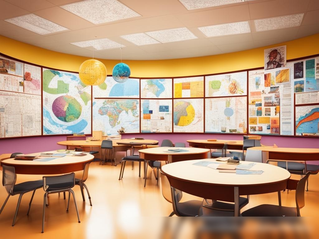 Современный, яркий класс с цветными образовательными плакатами на стенах и столом посередине, вокруг которого собрана разнообразная группа студентов с учебниками - Пример 4