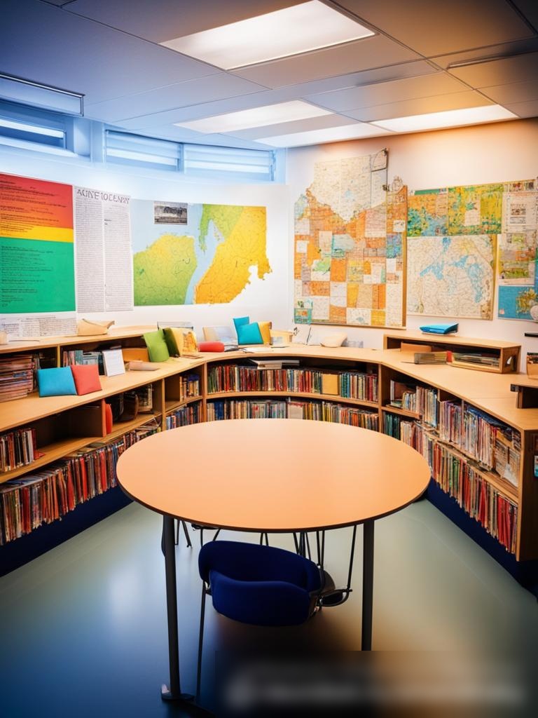 Современный, яркий класс с цветными образовательными плакатами на стенах и столом посередине, вокруг которого собрана разнообразная группа студентов с учебниками - Пример 5