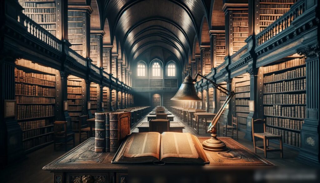 Старая библиотека с высокими книжными полками, на переднем плане антикварный стол с открытой старинной книгой, освещённой настольной лампой - Пример 2