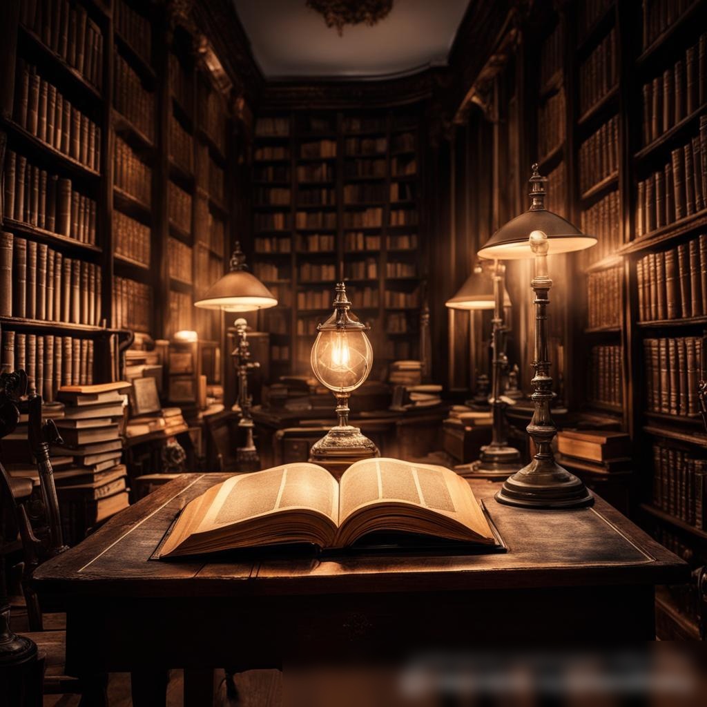 Старая библиотека с высокими книжными полками, на переднем плане антикварный стол с открытой старинной книгой, освещённой настольной лампой - Пример 3